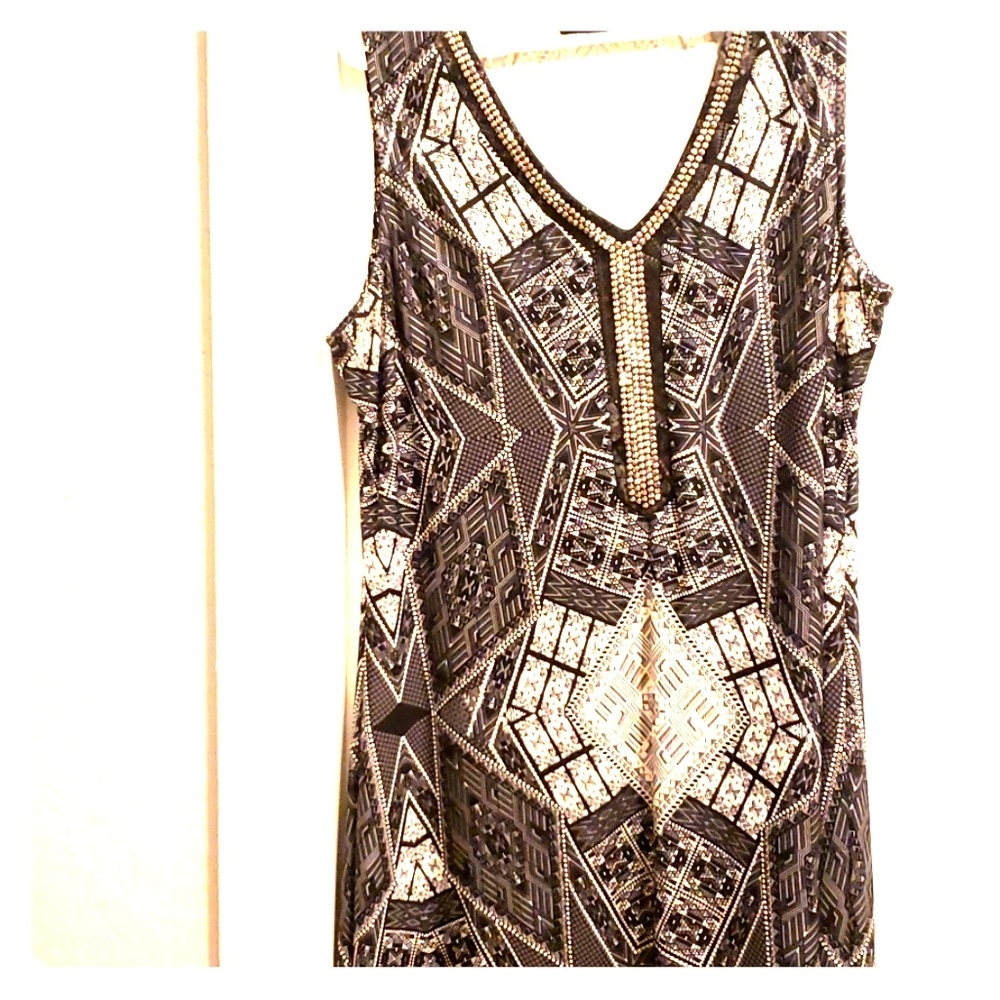 Geometric grey,black, and white mid length dress